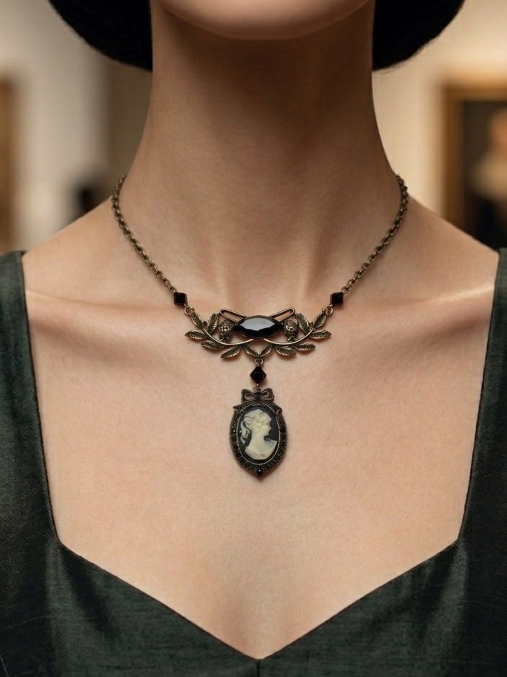 Vintage CVC Black Cameo Necklace Gold Tone Floral Bow Statement